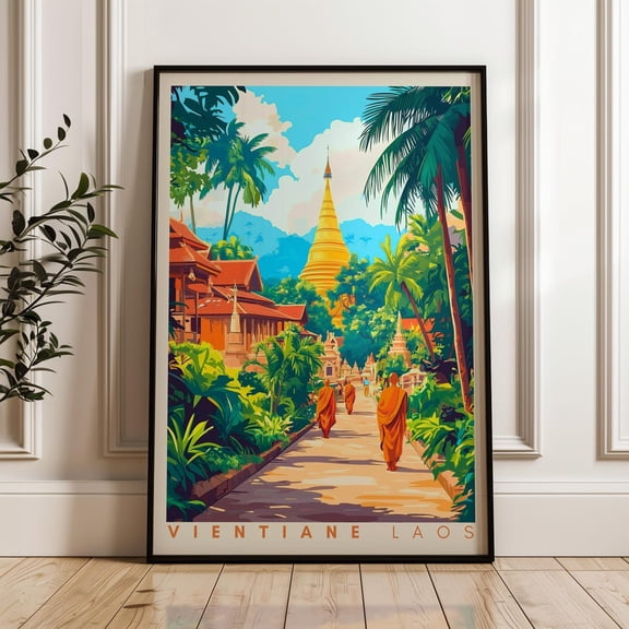 Vientiane Travel Poster, Laos Wall Art Print, Monk Illustration Artwork, Buddhist Home & Office Decor, South East Asia Gift Idea, Backpacker Wall Art, Modern Wall Decor, 12x18 UNFRAMED