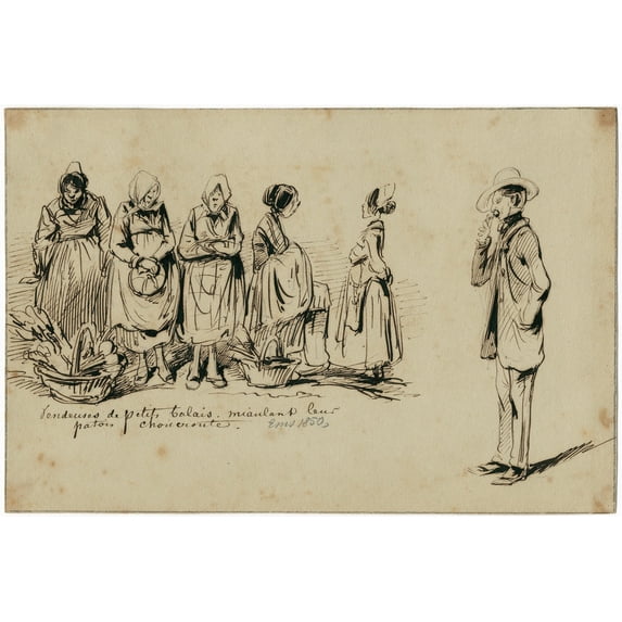 Vier marktvrouwen prijzen hun waar aan, heer kijkt toe (1850) Poster Print by Pieter van Loon (24 x 36)
