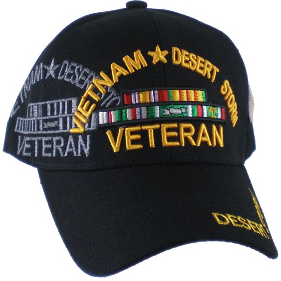 Vietnam + Desert Storm War Veteran Ribbon Shadow Mens Cap [Black - Adjustable]