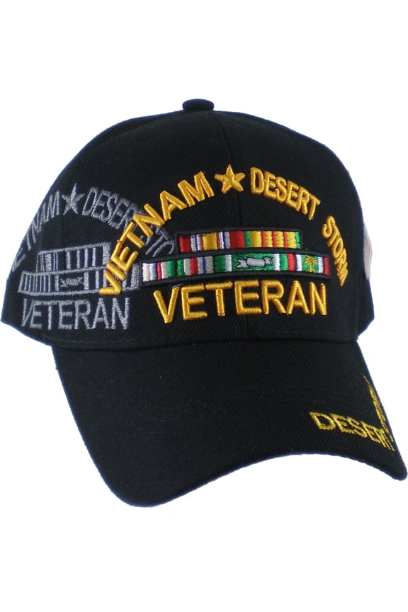 Vietnam + Desert Storm War Veteran Ribbon Shadow Mens Cap [Black - Adjustable]