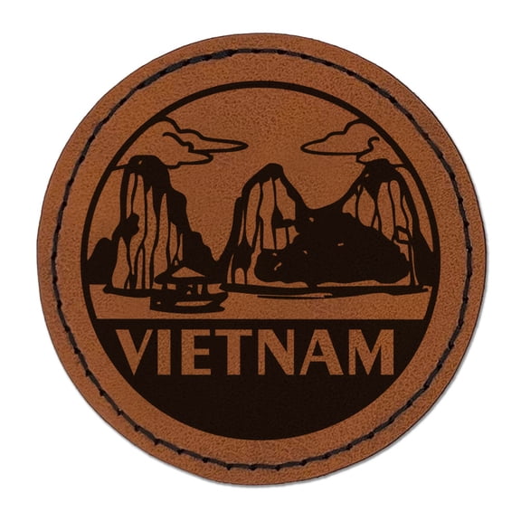 Vietnam Ha Long Bay Country Destination Travel Landmark Round Iron-On Engraved Faux Leather Patch Applique - 2.5 Inch - Brown