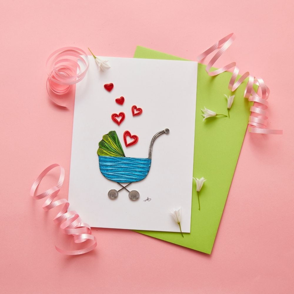 Vietnam Hand Quilled Paper New Baby Stroller Greeting Card