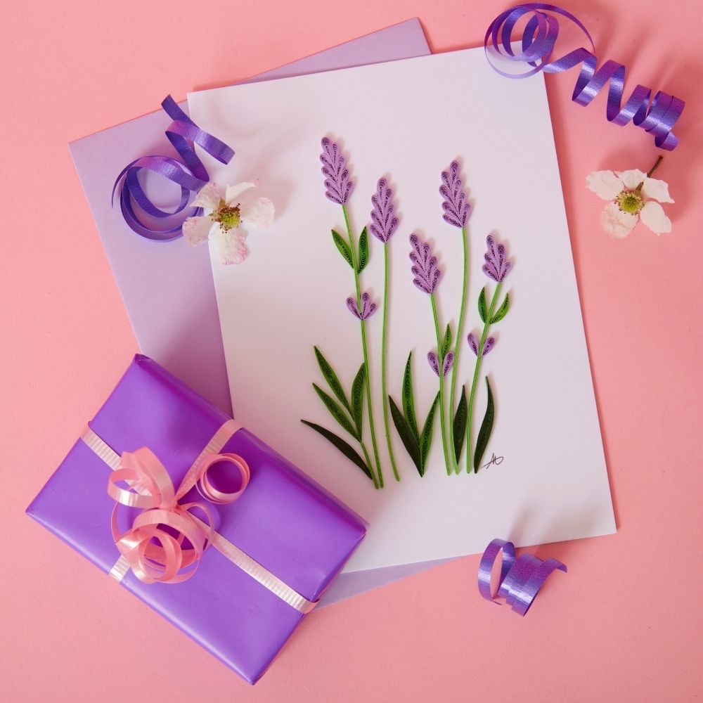 Vietnam Hand Quilled Paper Purple Lavender Flowers Greeting Card
