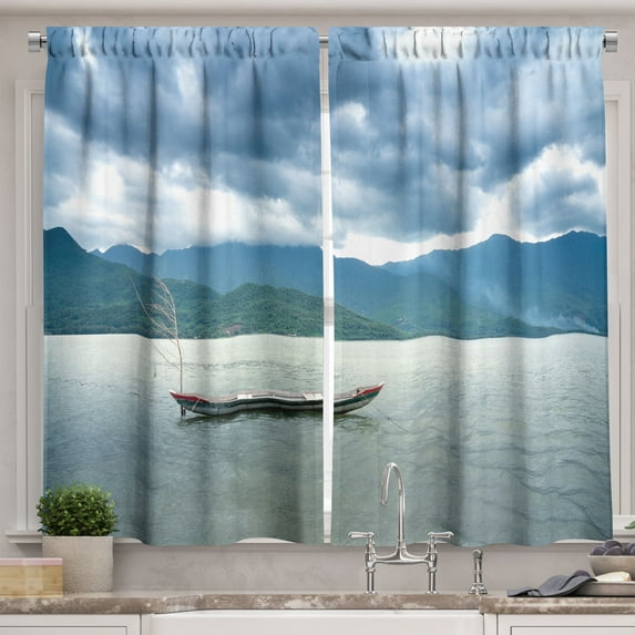 Vietnam Kitchen Curtains, Central Coast of the Country Sunrise at the Beach Wooden Boat Photo, Two Panels Drapes with Rod Pocket Room Decor, 55" X 45", Pale Grey and Ceil Blue, by Ambesonne