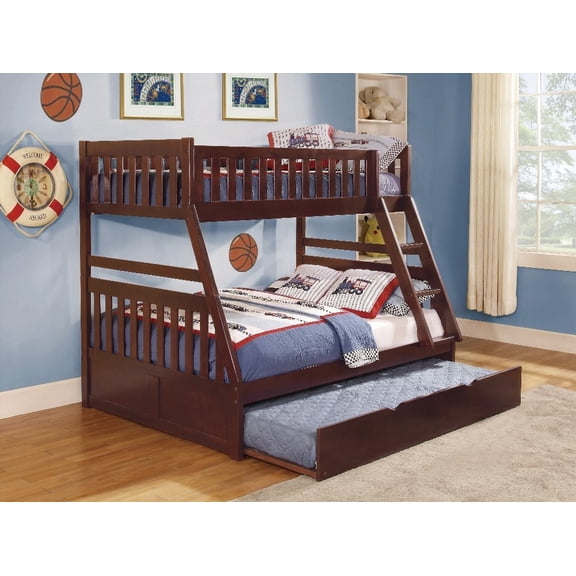 Twin/Full Bunk Bed with Twin Trundle in Dark Cherry, Vietnam-Made of Pine Veneer & Wood with Guard Rails