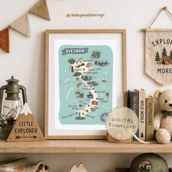 Vietnam Map Print: Illustrated Travel Poster , Vintage Style Poster , Poster Print Only