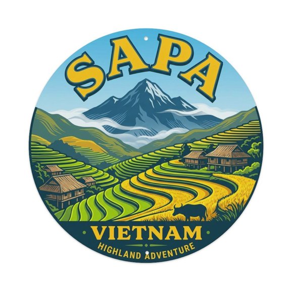 Vietnam Retro Travel Sapa Vintage Metal Tin Sign Plaque Wall Decor for Cafe, Club, Garden Round Metal Poster 8x8Inch