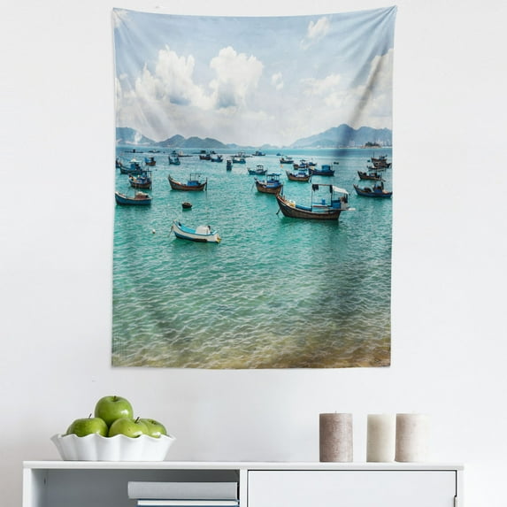 Vietnam Tapestry, Beauty of the Landscape Mountains in the Horizon Clouds in the Sky Photo, Fabric Wall Hanging Decor for Bedroom Living Room Dorm, 5 Sizes, White and Pale Teal, by Ambesonne