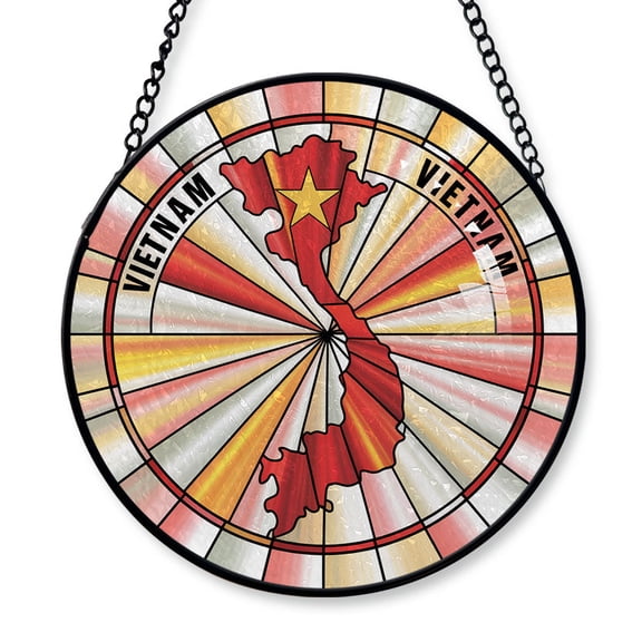 Vietnam Travel Decor Suncatcher Stained Glass Window Hanging, Gift for Traveller, Collection of Country Travel Souvenirs for Family and Friends, Vietnam Map and Flag Décor