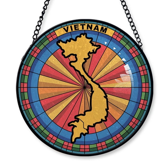 Vietnam Travel Decor Suncatcher Stained Glass Window Hanging, Gift for Traveller, Collection of Country Travel Souvenirs for Family and Friends, Vietnam Map and Flag Décor