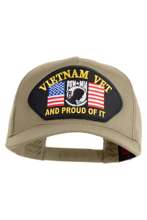 Vietnam Vet POW MIA and Proud of It Patched Solid Cotton Twill 5 panel Mesh Back Cap - Khaki OSFM