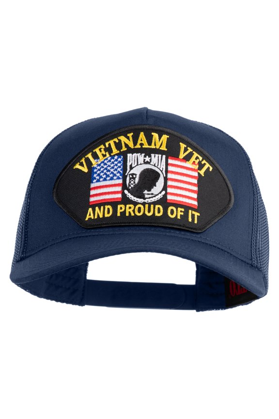 Vietnam Vet POW MIA and Proud of It Patched Solid Cotton Twill 5 panel Mesh Back Cap - Navy OSFM