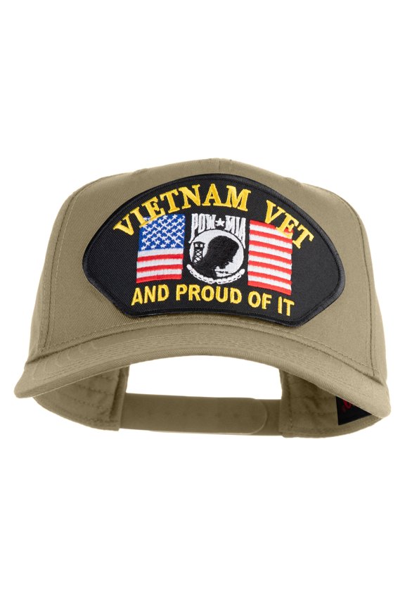 Vietnam Vet Pow Mia and Proud of It Patched Solid Cotton Twill 5 Panel Prostyle Snap Cap - Khaki OSFM