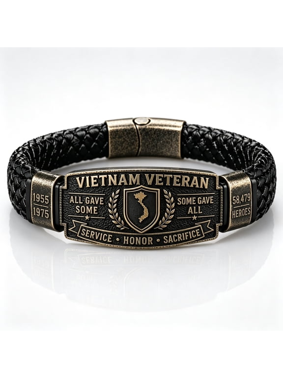 Vietnam Veteran Bracelet,Black Braided Leather Bracelet with Vietnam Map Emblem,Patriotic Veteran Gift