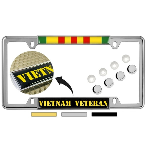 Vietnam Veteran - Domed Custom-Made Personalized Narrow (Thin) Top 4 Hole Metal Car License Plate Frame with Free caps - Chrome (Quantity: 1 Frame)