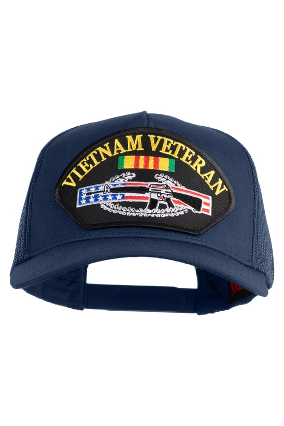 Vietnam Veteran Gun Patched Solid Cotton Twill 5 panel Mesh Back Cap - Navy OSFM