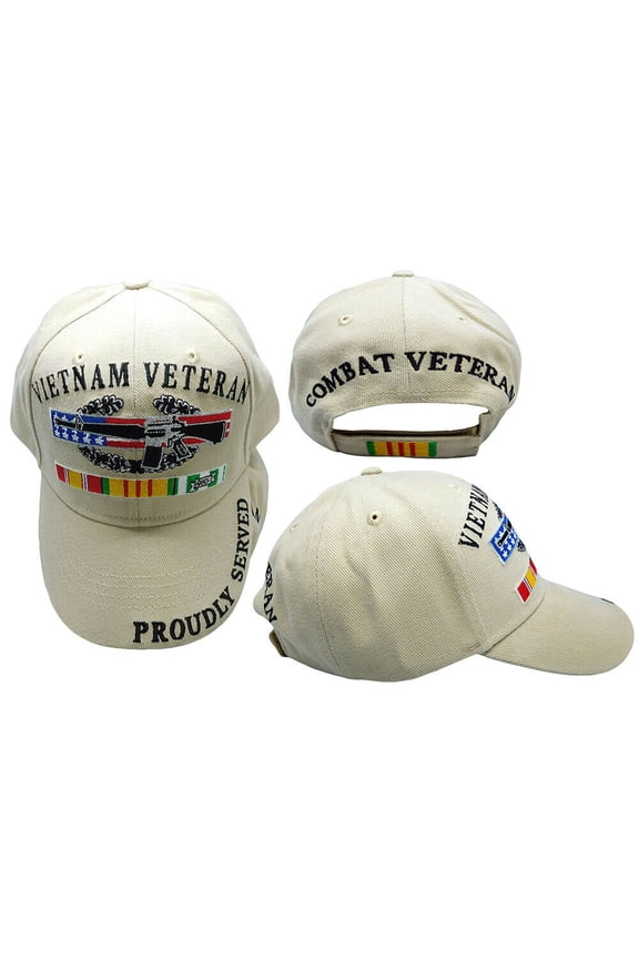 Vietnam Veteran Proudly Served Combat Veteran Ribbon Khaki Embroidered Cap Hat
