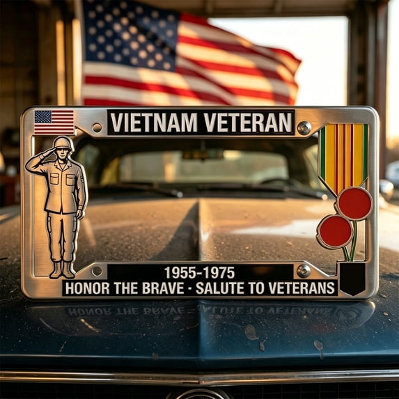 Vietnam Veterans Tribute License Plate Frame, 12×6 Inch Rustproof Metal Frame for Front and Rear Vehicle Use, Patriotic Memorial Car Accessory for Truck and SUV