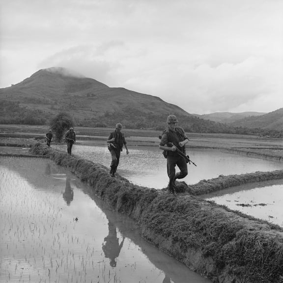 Vietnam War. Us Marines Move Along Rice Paddy Dikes In Pursuit Of The Viet Cong. Dec. 10 History
