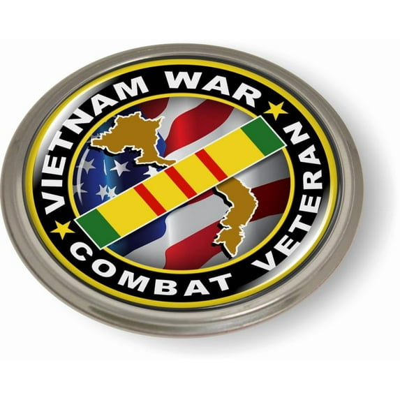 Vietnam War Veteran 3D Domed CAR Emblem Badge Sticker Round Semi-Flexible Aluminum Round Bezel