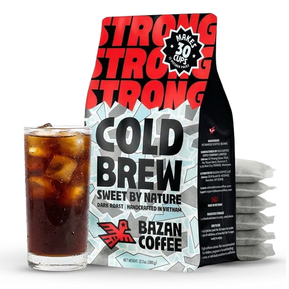 Vietnamese Cold Brew Pitcher Packs, Robusta & Arabica Blend, Dark Roast Coarse Ground Coffee Low Acid 12 packs