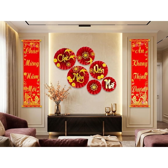Vietnamese Lunar New Year Decoration Couplets | Red Hanging Couplets for Vietnamese New Year | Lien Treo Trang Tri TET | TET Decor (an Khang)