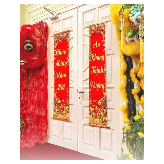 Vietnamese New Year Couplets - Red TET Decorations - Lien Treo Trang Tri - Lunar New Year Decor - An Khang - 10x39 Inch (Set of 2)