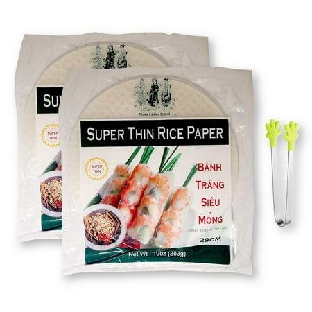 Vietnamese SUPER THIN Spring Roll Rice Paper Banh Trang Wrappers by Three Ladies 28 CM. 10 Oz. x 2 with Mini Hand Shape Silcone Tongs (3-Pc Set)