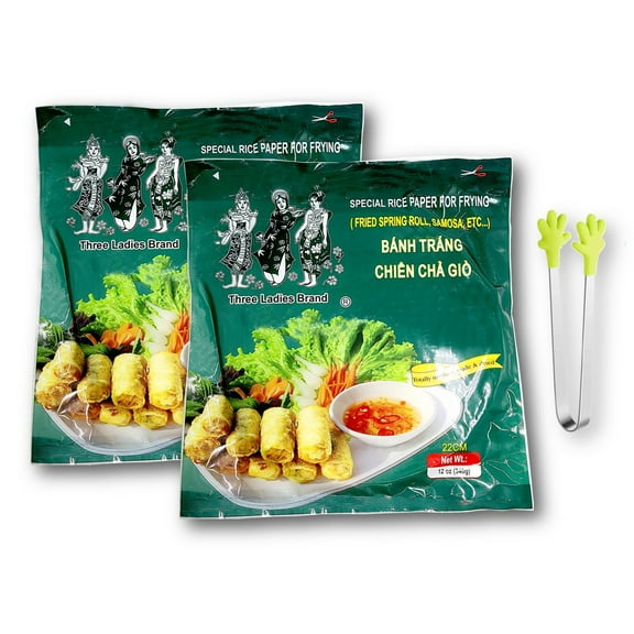 Vietnamese Spring Roll Rice Paper Banh Trang Wrappers For Frying by Three Ladies 12 Oz. X 2 with Mini Silicone Tongs (3-Pc Set)
