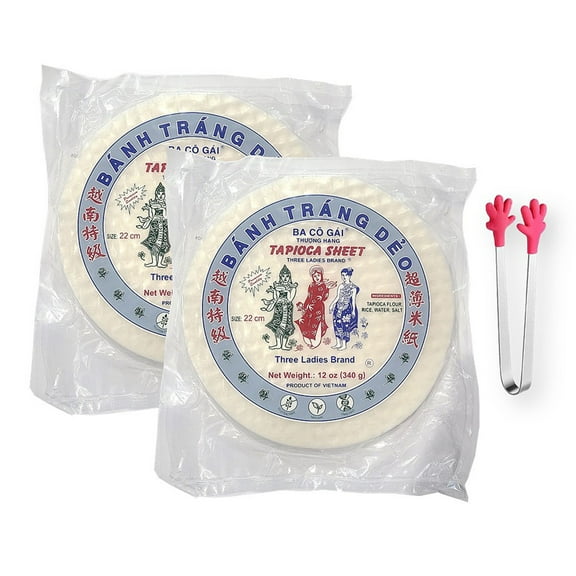 Vietnamese Spring Roll Sheet Banh Trang Deo Wrappers by Three Ladies 12 Oz. X 2 with Mini Hand Shape Silcone Tongs (3-Pc Set)