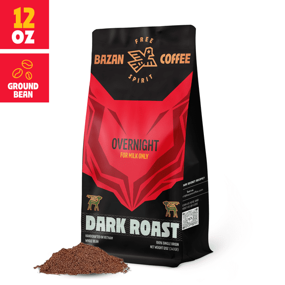 Vietnamese Strong Coffee Robusta & Arabica Ground, Dark Roast, Bold Espresso Flavor, 12oz (Overnight Blend)