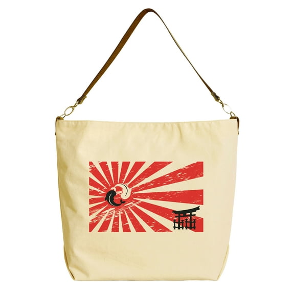 Vietsbay Yin Yang Fish Beige Printed Canvas Tote Bag with Leather Strap WAS_29