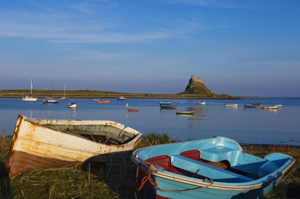 View Across Water And Boats To Lindisfarne Castle On Holy Island Canvas Art - Chris Parker  Design Pics (19 x 12)