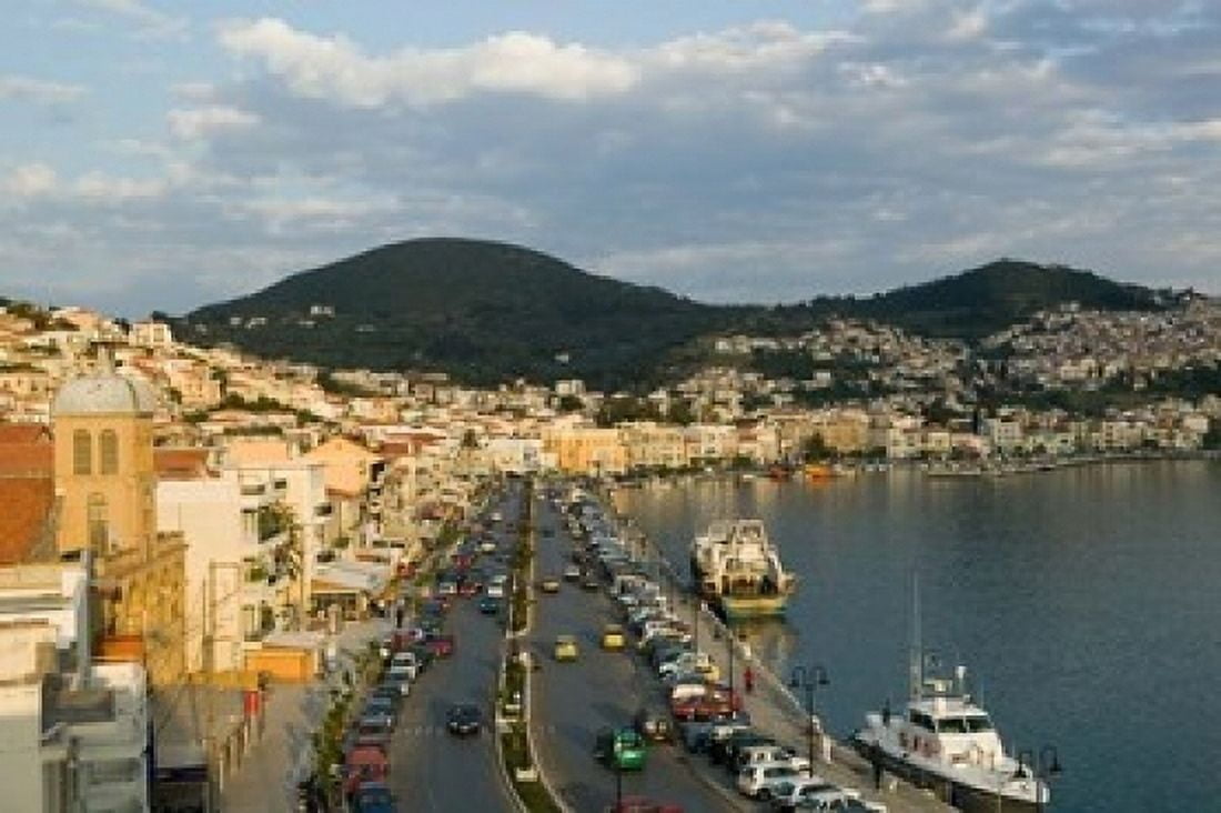 View Along Themistokleous Sofuli Street Vathy Samos Aegean Islands Greece Canvas Art - Walter Bibikow DanitaDelimont (36 x 24)