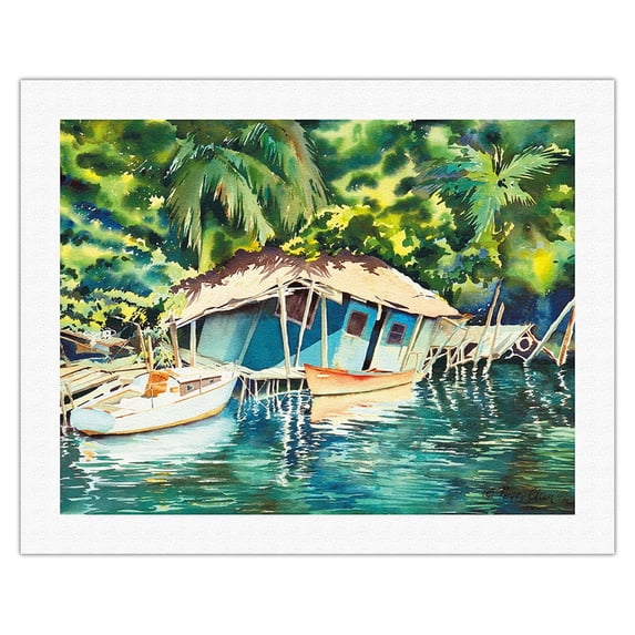 View from Anahulu Bridge - Hale‘iwa Hawaii - Rainbow Bridge - From an Original Hawaii Watercolor Painting by Peggy Chun - Fine Art Rolled Canvas Print 20in x 26in