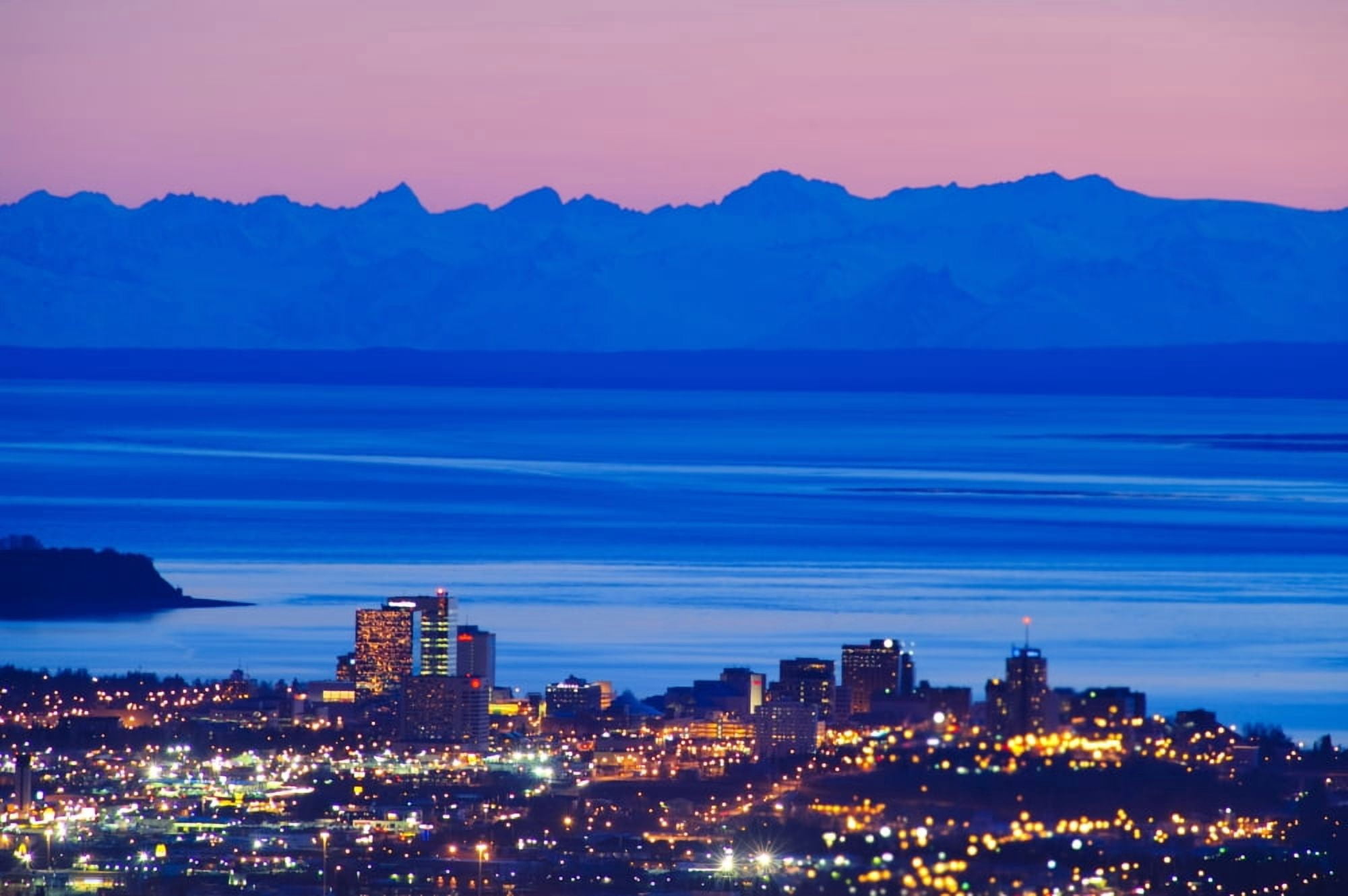 View Of The Anchorage Skyline At Sunset With The Cook Inlet In The Background Southcentral Alaska Spring Canvas Art - Michael Jones Design Pics (17 x 11)