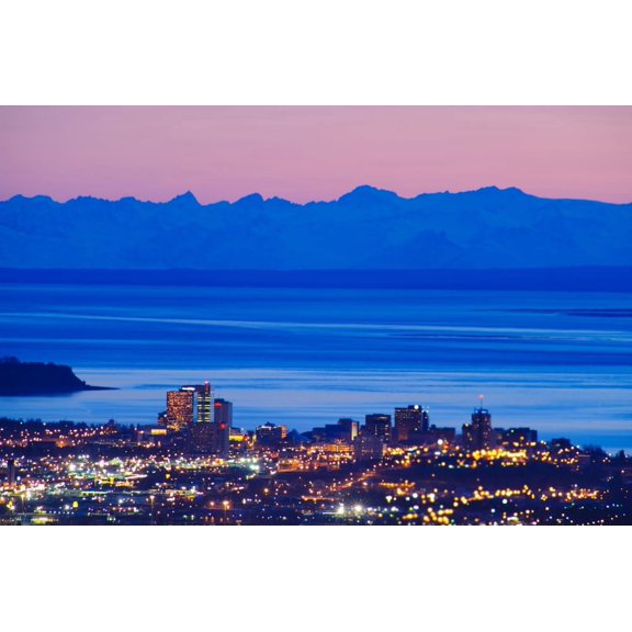 View Of The Anchorage Skyline At Sunset With The Cook Inlet In The Background Southcentral Alaska Spring Canvas Art - Michael Jones Design Pics (17 x 11)