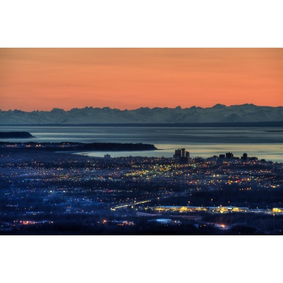 View Of The Anchorage Skyline At Sunset With The Cook Inlet In The Background Southcentral Alaska Spring Canvas Art - Michael Jones Design Pics (17 x 11)