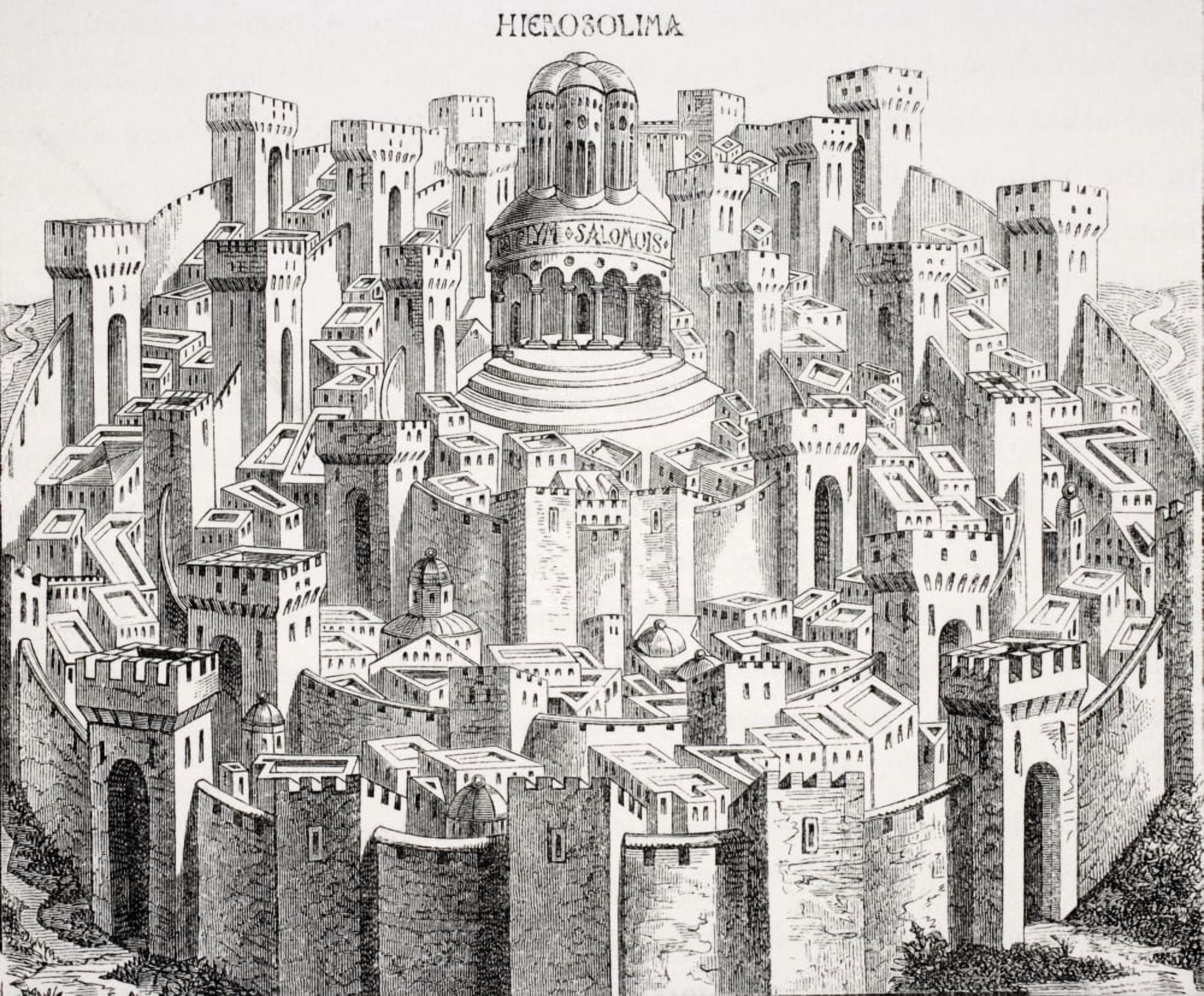View And Plan Of Jerusalem Facsimile Of A Woodcut In The Liber Chronicarum Mundi Canvas Art - Ken Welsh Design Pics (32 x 26)