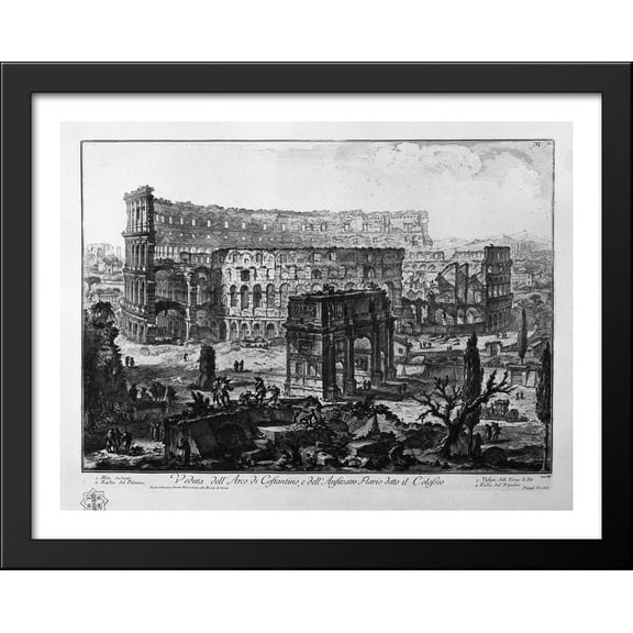 View of the Arch of Constantine and the Flavian Amphitheatre, called the Colosseum 36x28 Large Black Wood Framed Print Art by Giovanni Battista Piranesi