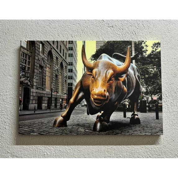 View Art Canvas, New York Landscape Art Canvas, Wall Street Poster, Bull Satue Artwork, Charging Bull Poster, Buffalo Printed, Canvas Wall Decor - White Framed