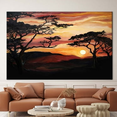 View Artwork, Landscape Canvas, Nature View Artwork, Savannah Tree Painting, Tree Landscape Wall Decor, African Sunset Canvas Art, Canvas Wall Decor - Rolled Canvas