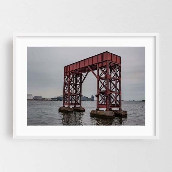 A View of Baltimore Harbor on a Cloudy and Cold Day - Baltimore Maryland Photography Industrial Harbor Port Nautical Water Architecture Seascape White Framed Wall Art Print 5 x 7 inches