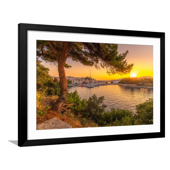 Art.com View of Belvedere Skiathos Old Port from elevated position at sunrise in Skiathos Town Photographic Print by Frank Fell, Black Frame Wall Art, 44" x 32"
