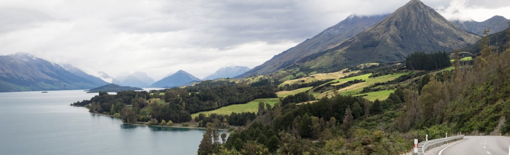 View from Bennetts Bluff of Meiklejohn Bay Mt Creighton Glenorchy-Queenstown Road Queenstown Lake District Otago Region South Island New Zealand Canvas Art - Panoramic Images (5 x 15)