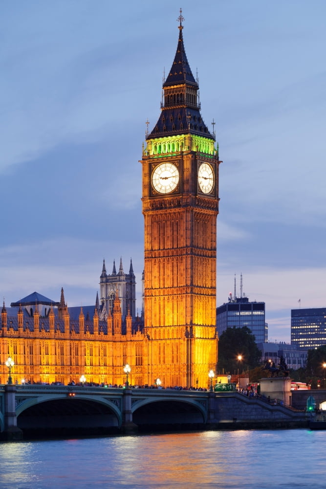View of Big Ben and Houses of Parliament with Westminster Bridge at Thames River City of Westminster London England Canvas Art - Panoramic Images (27 x 9)