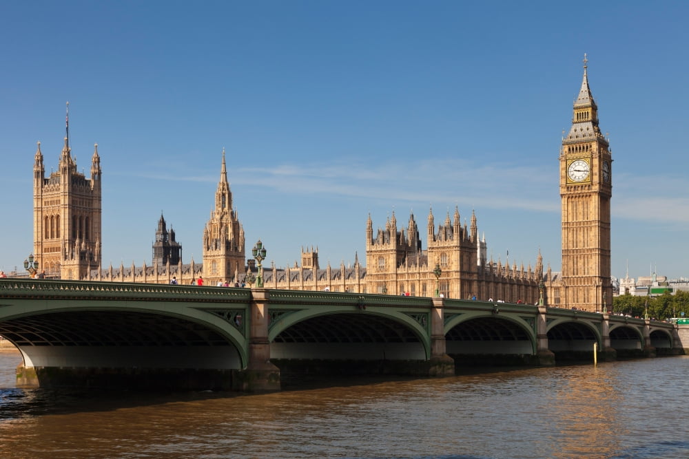 View of Big Ben and Houses of Parliament with Westminster Bridge at Thames River City of Westminster London England Canvas Art - Panoramic Images (36 x 12)