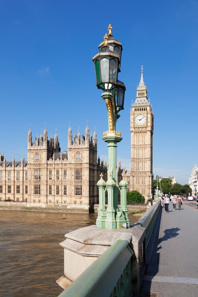 View of Big Ben and Houses of Parliament from Westminster Bridge Thames River City of Westminster London England Canvas Art - Panoramic Images (36 x 12)