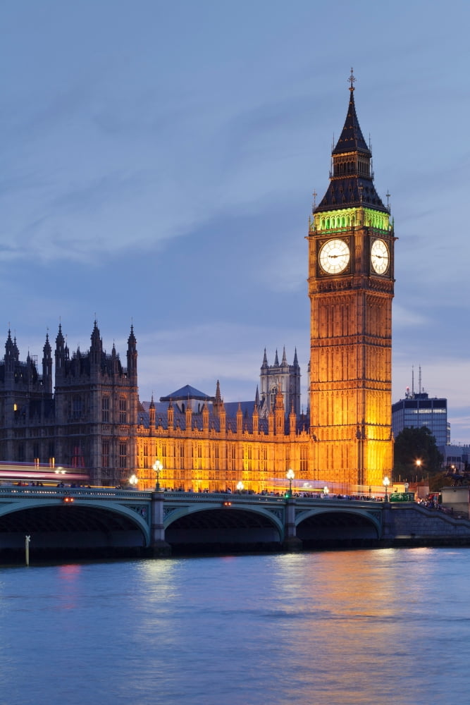View of Big Ben and Houses of Parliament with Westminster Bridge at Thames River City of Westminster London England Canvas Art - Panoramic Images (36 x 12)