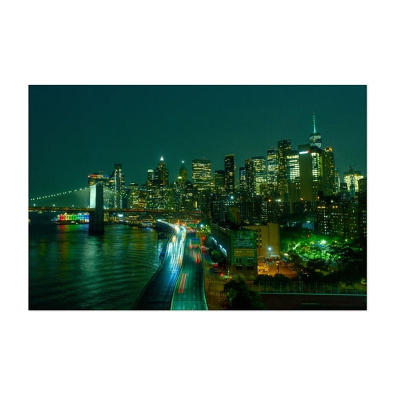 View of the Brooklyn Bridge and FDR Highway - Manhattan New York Photography Cityscape Bridge Nightlife Skyline Modern Art Water Neon Sign Unframed Wall Art Print 8 x 12 inches